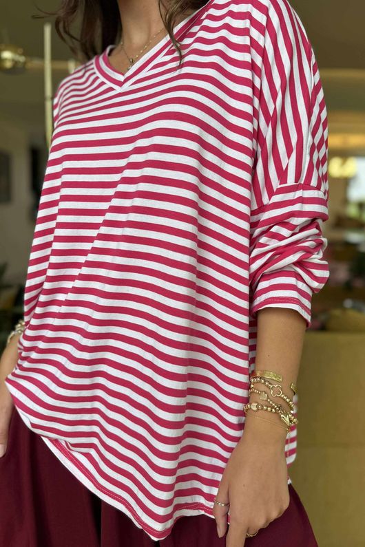 Made in Italy Perfect Breton V Long Sleeve Top Hot Pink - **